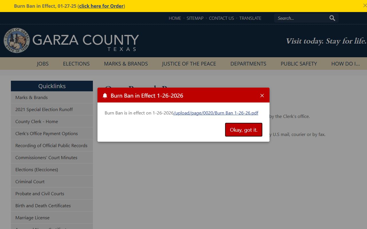 Garza County clerk open records page for court records after arrest