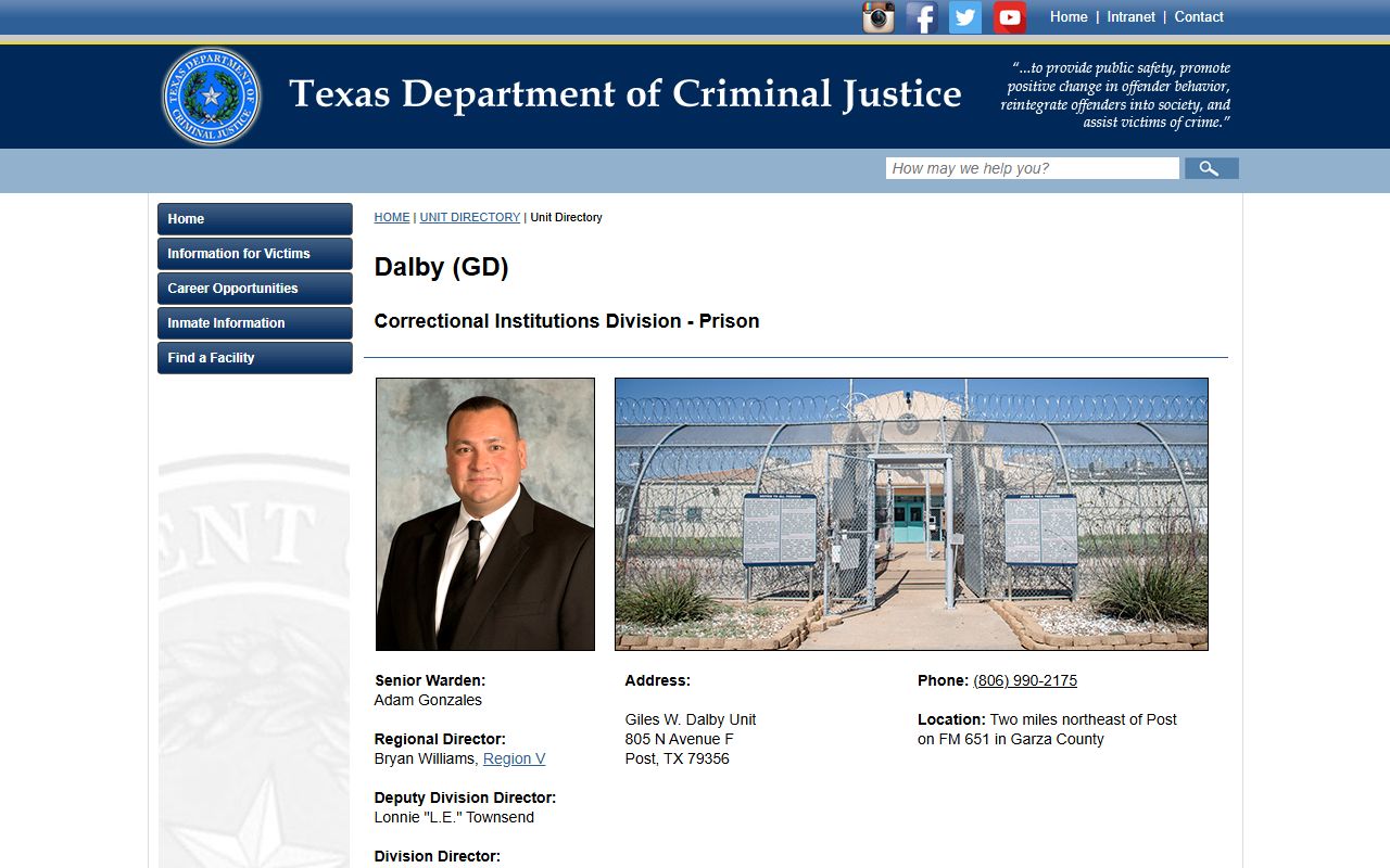 Giles W. Dalby Unit TDCJ inmate search facility page screenshot