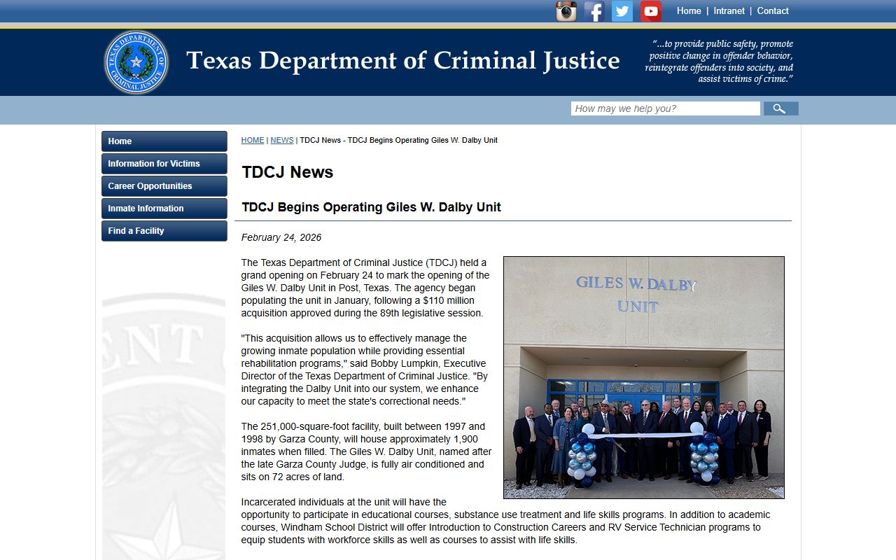 Giles W. Dalby Unit opening release and TDCJ inmate population screenshot